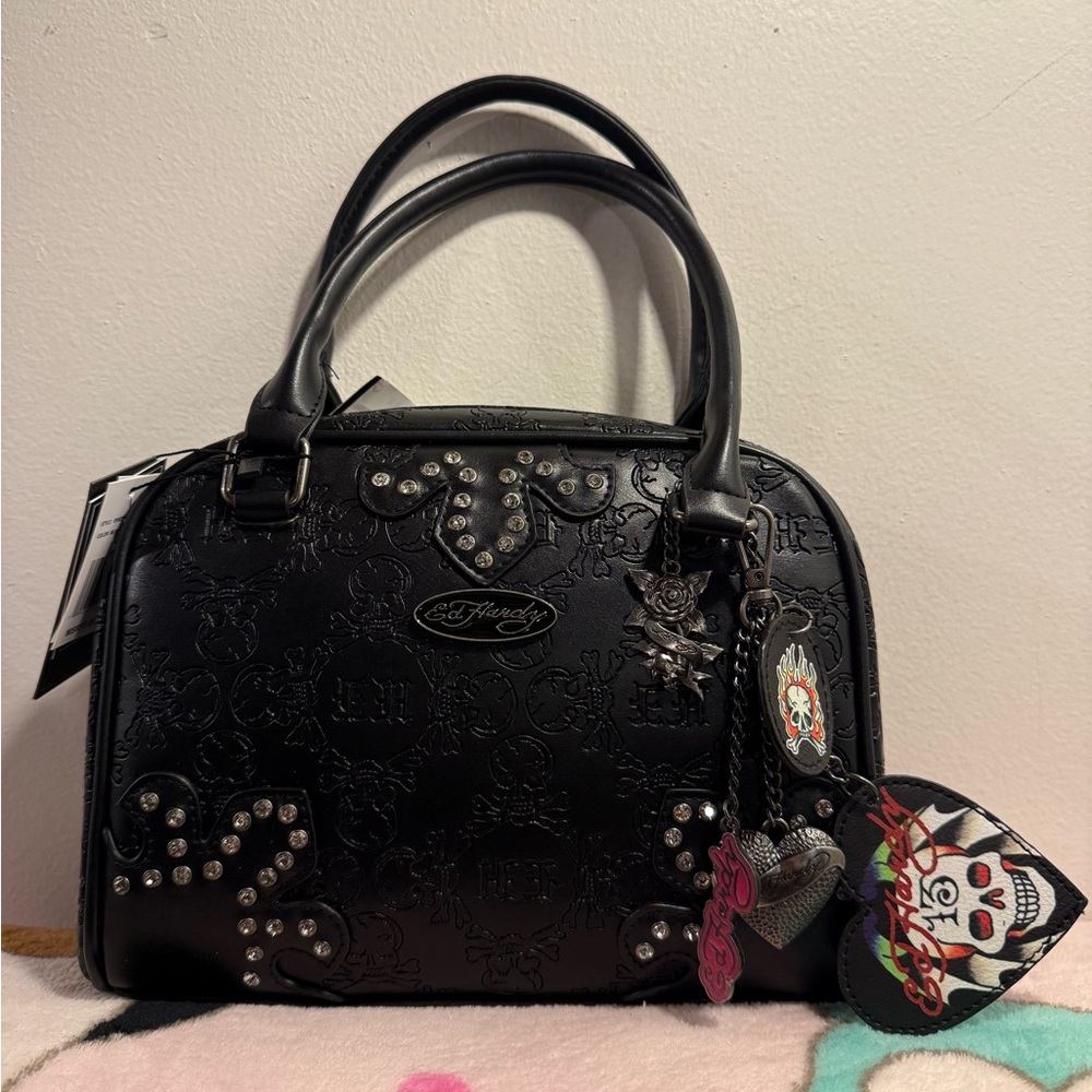 Ed Hardy Black Studded rhinestones satchel Crossbody bag gothic charms NWT